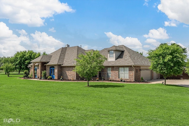 view of front of property featuring roof with shingles, a front lawn, concrete driveway, brick siding, and an attached garage