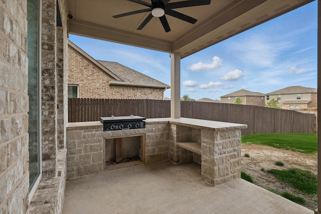 3120 Bent Creek Dr, Anna, TX 75409 - view of patio / terrace with an outdoor kitchen, a fenced backyard, ceiling fan, and grilling area
