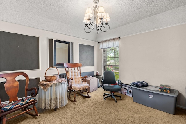 1502 Hinchliffe Rd, Mexia, TX 76667 - sitting room featuring carpet, a textured ceiling, lofted ceiling, and an inviting chandelier