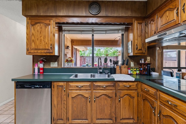 1502 Hinchliffe Rd, Mexia, TX 76667 - kitchen featuring black electric cooktop, stainless steel dishwasher, light tile patterned floors, a sink, and brown cabinetry