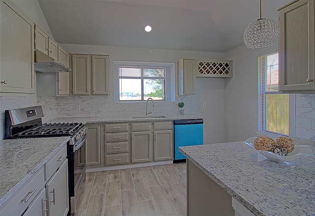 405 Derby Ln, Desoto, TX 75115 - kitchen featuring lofted ceiling, under cabinet range hood, dishwasher, a sink, and stainless steel gas range