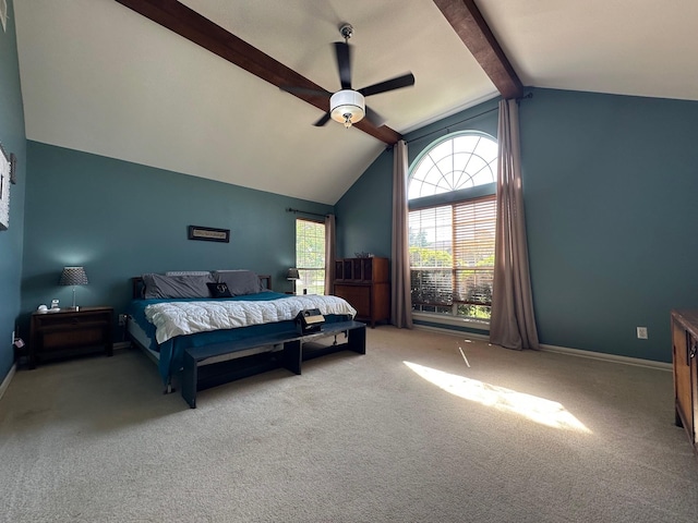 bedroom with lofted ceiling with beams, baseboards, a ceiling fan, and carpet flooring