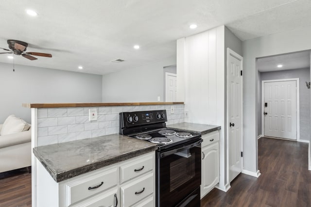 609 Admiralty Way, Fort Worth, TX 76108 - kitchen featuring a ceiling fan, tasteful backsplash, dark wood-type flooring, and black / electric stove