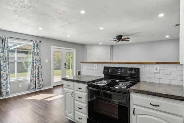 609 Admiralty Way, Fort Worth, TX 76108 - kitchen featuring tasteful backsplash, electric range, dark wood-style floors, and a healthy amount of sunlight