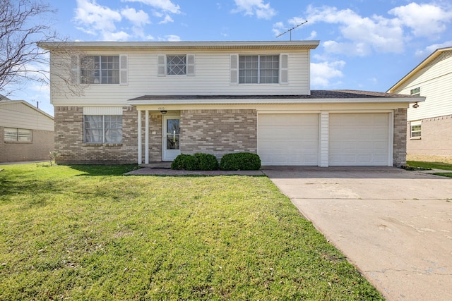 traditional-style home featuring concrete driveway, brick siding, a garage, and a front yard