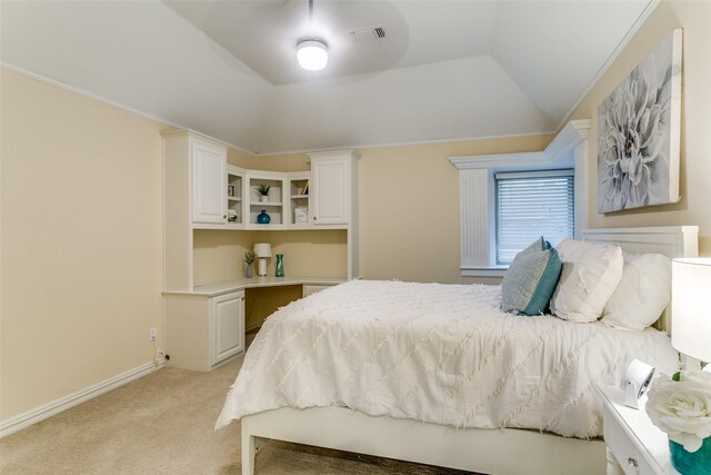 bedroom featuring visible vents, baseboards, and light carpet