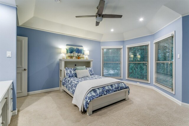 bedroom with baseboards, ceiling fan, light carpet, and recessed lighting