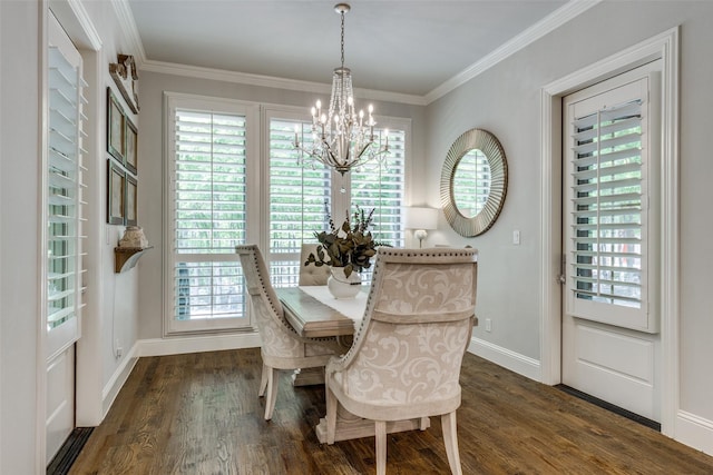 dining area featuring baseboards, a notable chandelier, dark wood-style floors, and a healthy amount of sunlight