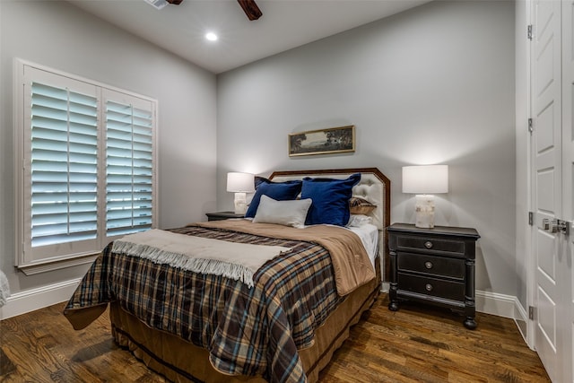 bedroom with wood finished floors, baseboards, recessed lighting, and ceiling fan
