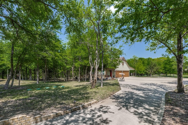 view of property hidden behind natural elements with driveway