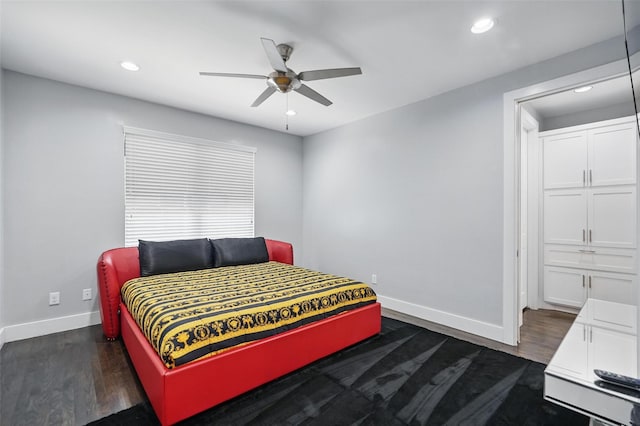 bedroom featuring recessed lighting, a ceiling fan, baseboards, and dark wood-style floors