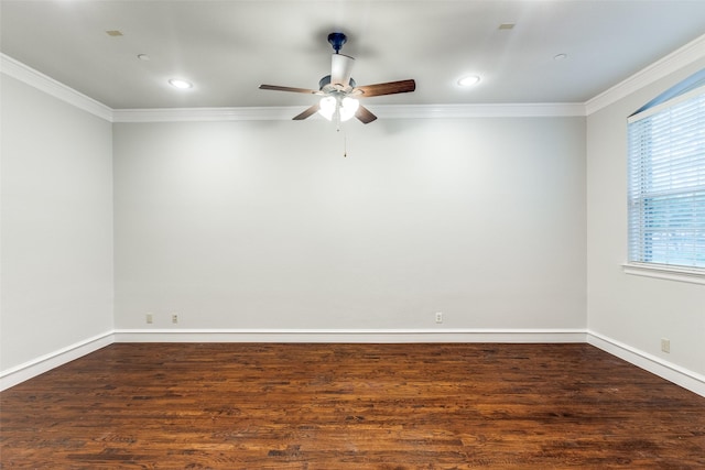 empty room with crown molding, baseboards, and a ceiling fan