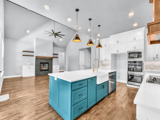 117 Fan Mill Trl, Weatherford, TX 76085 - kitchen featuring a sink, blue cabinets, white cabinetry, light countertops, and appliances with stainless steel finishes