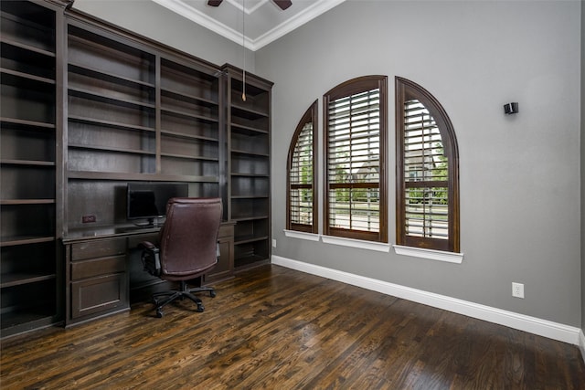 office with ceiling fan, baseboards, ornamental molding, and dark wood-style floors