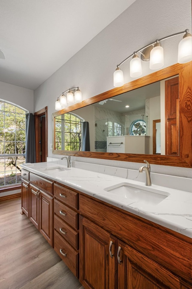 516 Wild Wood Dr, Decatur, TX 76234 - bathroom with double vanity, a stall shower, wood finished floors, and healthy amount of natural light