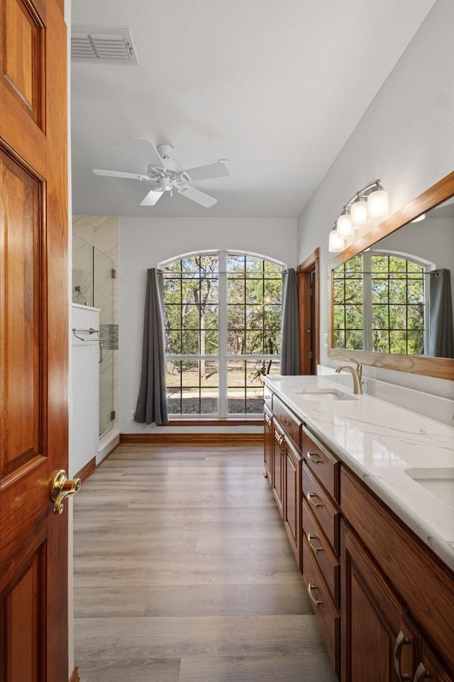 516 Wild Wood Dr, Decatur, TX 76234 - full bathroom featuring double vanity, a shower stall, wood finished floors, and plenty of natural light
