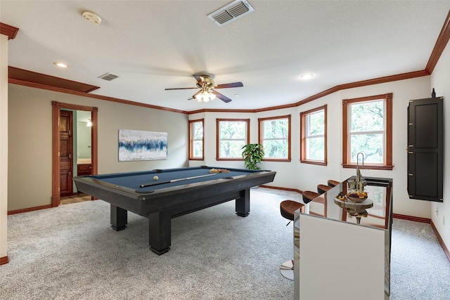 516 Wild Wood Dr, Decatur, TX 76234 - playroom with light colored carpet, billiards, recessed lighting, ornamental molding, and a ceiling fan
