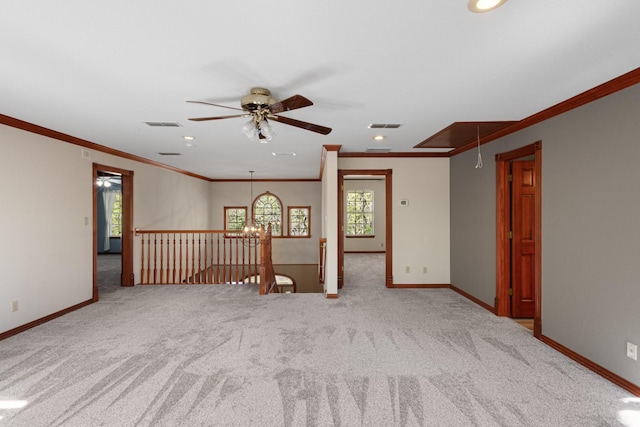 516 Wild Wood Dr, Decatur, TX 76234 - empty room with attic access, ornamental molding, carpet, ceiling fan, and recessed lighting