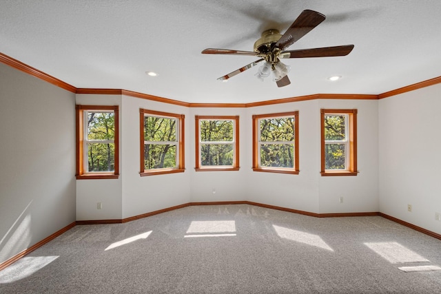 516 Wild Wood Dr, Decatur, TX 76234 - empty room featuring plenty of natural light, carpet flooring, recessed lighting, ceiling fan, and crown molding