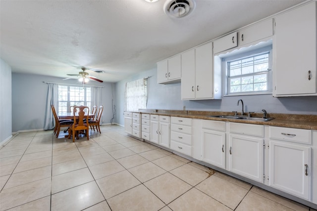 kitchen featuring a ceiling fan, dark countertops, a sink, and plenty of natural light
