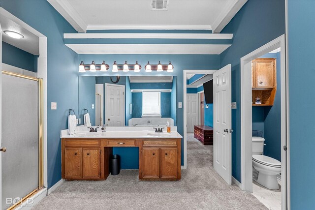 5021 Kenilworth Dr, Bossier City, LA 71112 - bathroom with crown molding, a stall shower, double vanity, toilet, and carpet floors
