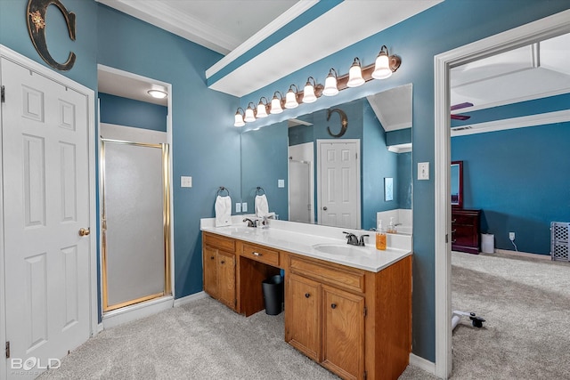 5021 Kenilworth Dr, Bossier City, LA 71112 - bathroom with a shower stall, double vanity, carpet floors, crown molding, and baseboards