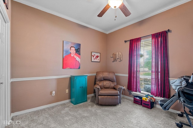 5021 Kenilworth Dr, Bossier City, LA 71112 - sitting room with a ceiling fan, crown molding, carpet floors, and baseboards