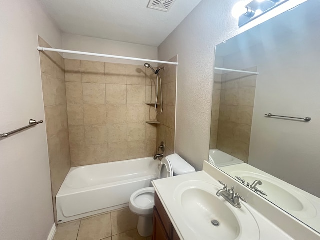 full bathroom featuring tile patterned floors, vanity,  shower combination, toilet, and visible vents
