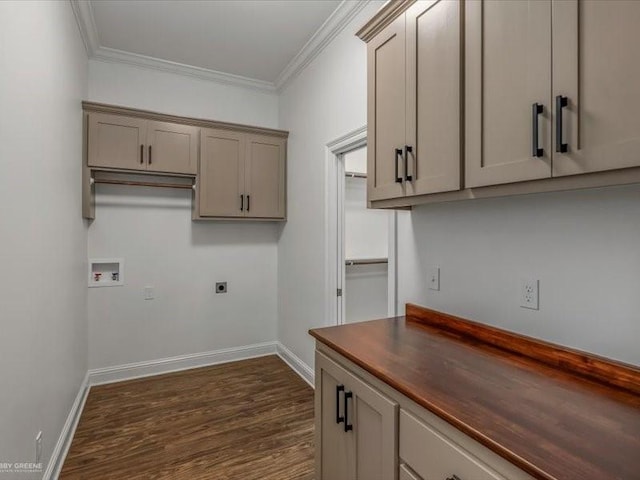 clothes washing area featuring dark wood-style floors, hookup for an electric dryer, crown molding, baseboards, and hookup for a washing machine