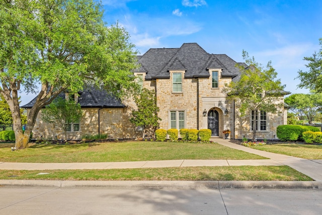 french country style house with stone siding and a front yard