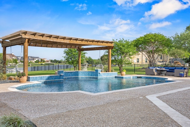 view of swimming pool with a pergola, a fenced backyard, a patio, a fenced in pool, and an outdoor hangout area