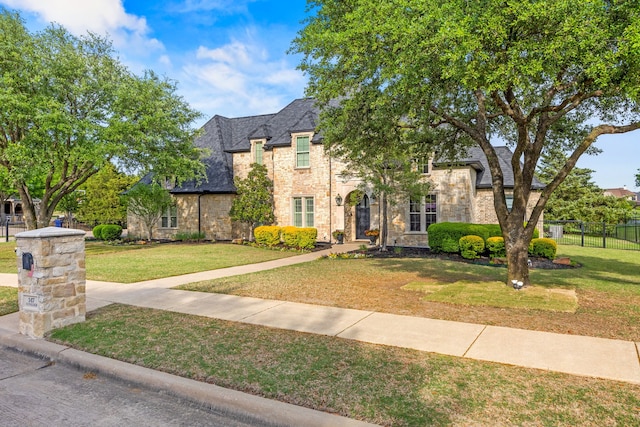 french country style house with fence, stone siding, and a front yard