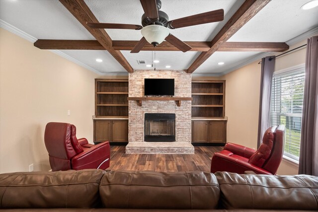 living room with dark wood-type flooring, beam ceiling, and coffered ceiling