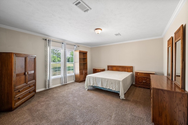 bedroom with carpet floors, crown molding, a textured ceiling, and visible vents