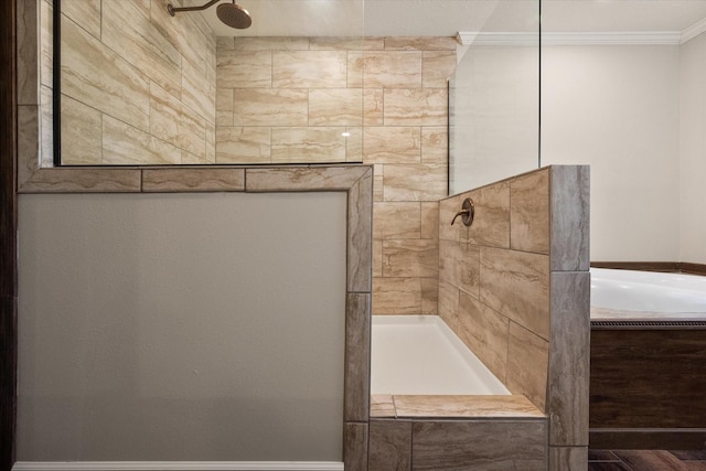 full bath with ornamental molding and walk in shower