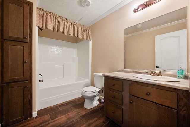 bathroom with vanity,  shower combination, toilet, ornamental molding, and visible vents