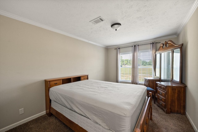 bedroom featuring dark colored carpet, visible vents, crown molding, baseboards, and a textured ceiling