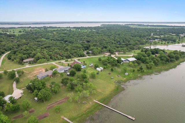 drone / aerial view with a view of trees and a water view