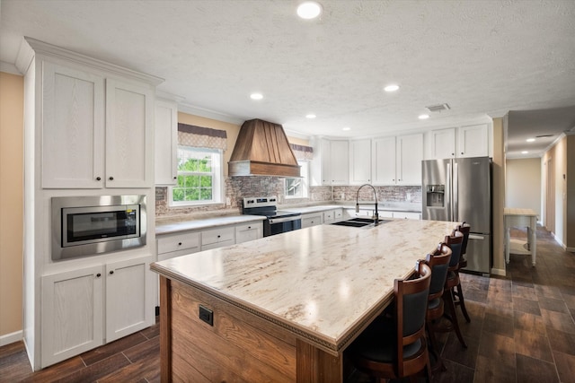kitchen featuring a sink, an island with sink, stainless steel appliances, premium range hood, and dark wood-type flooring