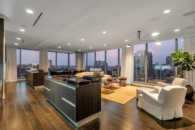 interior space featuring a city view, expansive windows, and dark wood-style floors