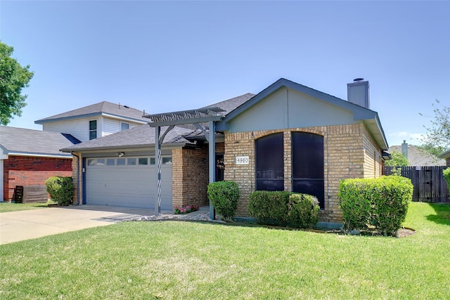 single story home with an attached garage, brick siding, fence, and a front lawn