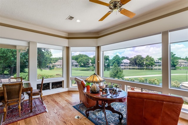 6001 Laurel Valley Ct, Fort Worth, TX 76132 - sunroom / solarium featuring ornamental molding, wood finished floors, view of golf course, and recessed lighting
