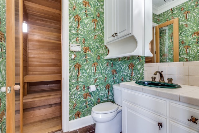 6001 Laurel Valley Ct, Fort Worth, TX 76132 - bathroom featuring wallpapered walls, a sauna / steam room, vanity, crown molding, and tasteful backsplash
