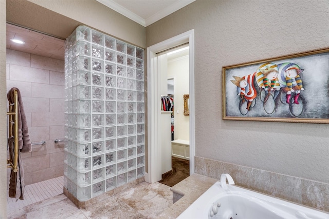 6001 Laurel Valley Ct, Fort Worth, TX 76132 - bathroom with ornamental molding, walk in shower, a jetted tub, and a spacious closet