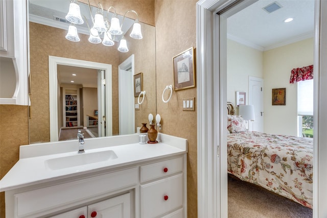 6001 Laurel Valley Ct, Fort Worth, TX 76132 - ensuite bathroom with ornamental molding, vanity, and a chandelier