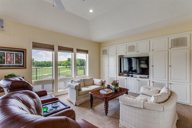 6001 Laurel Valley Ct, Fort Worth, TX 76132 - living room with light colored carpet, ceiling fan, and vaulted ceiling