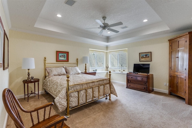6001 Laurel Valley Ct, Fort Worth, TX 76132 - bedroom featuring a raised ceiling, ornamental molding, light colored carpet, a textured ceiling, and a ceiling fan