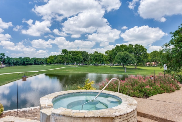 6001 Laurel Valley Ct, Fort Worth, TX 76132 - view of swimming pool with an in-ground hot tub, a water view, view of scattered trees, and golf course view