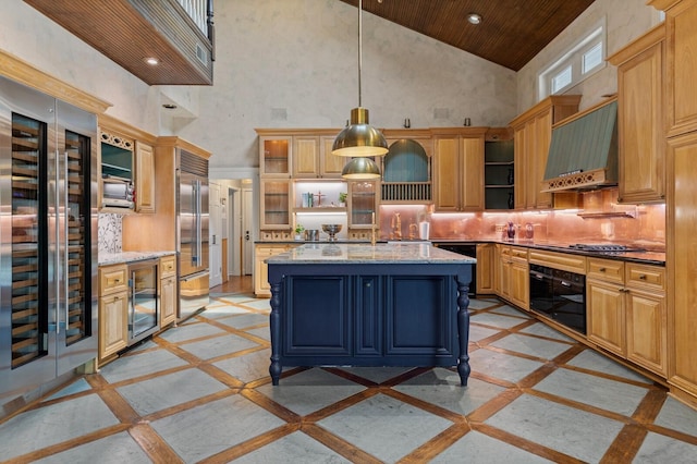 kitchen with high vaulted ceiling, appliances with stainless steel finishes, open shelves, and wine cooler