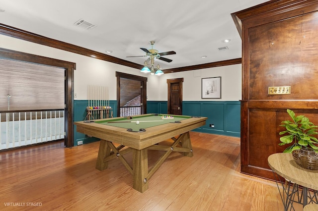 recreation room with pool table, a wainscoted wall, and visible vents